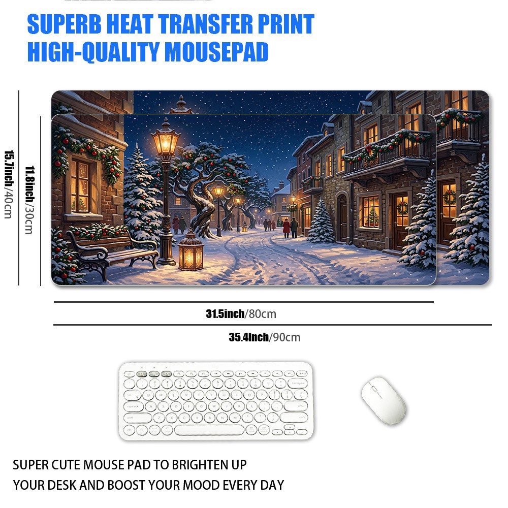 1pc XXL Extra Large Christmas Snowscape Town Mouse Pad, Retro Winter Snow Nigh