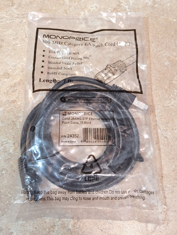 MONOPRICE 7' 24352 Patch Cord Cat 6A Ethernet Cable RJ45 Black 7 FT STP 500MHz