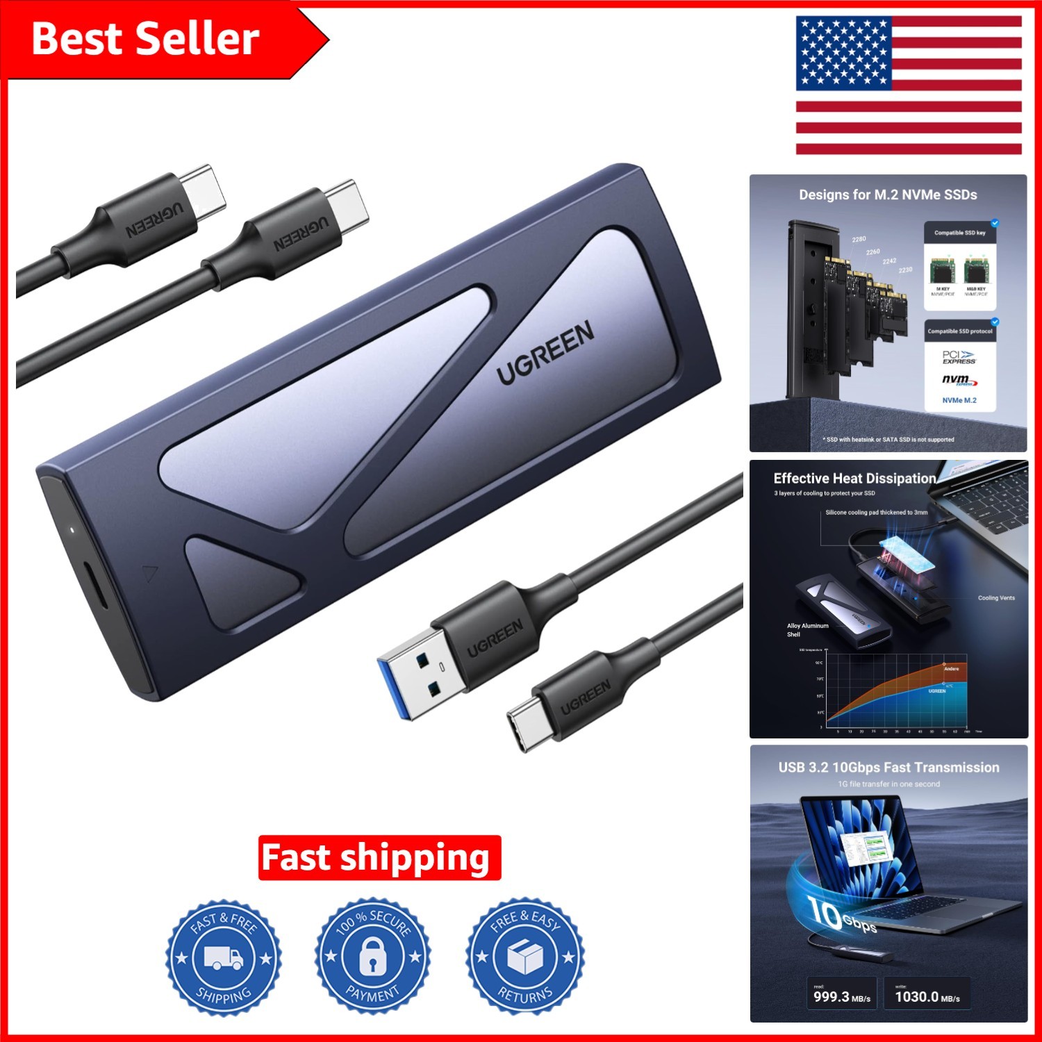 Durable Aluminum 10Gbps USB C SSD Enclosure - Fast Data Transfer, Tool-Free