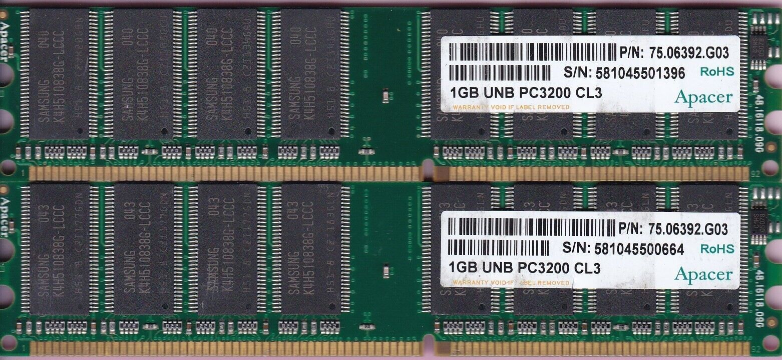 2GB 2x1GB PC3200 DDR-400 APACER 75.06392.G03 Samsung Ram Memory Kit DDR1 PC-3200