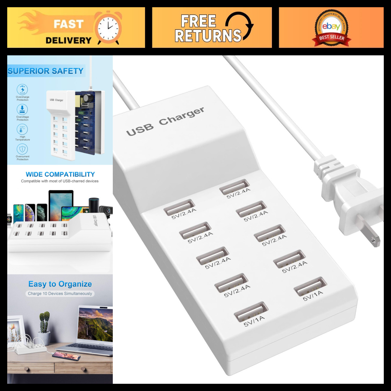 10-Port USB Charging Station Hub for Multiple Devices, Smart Plug Dock for iPhon