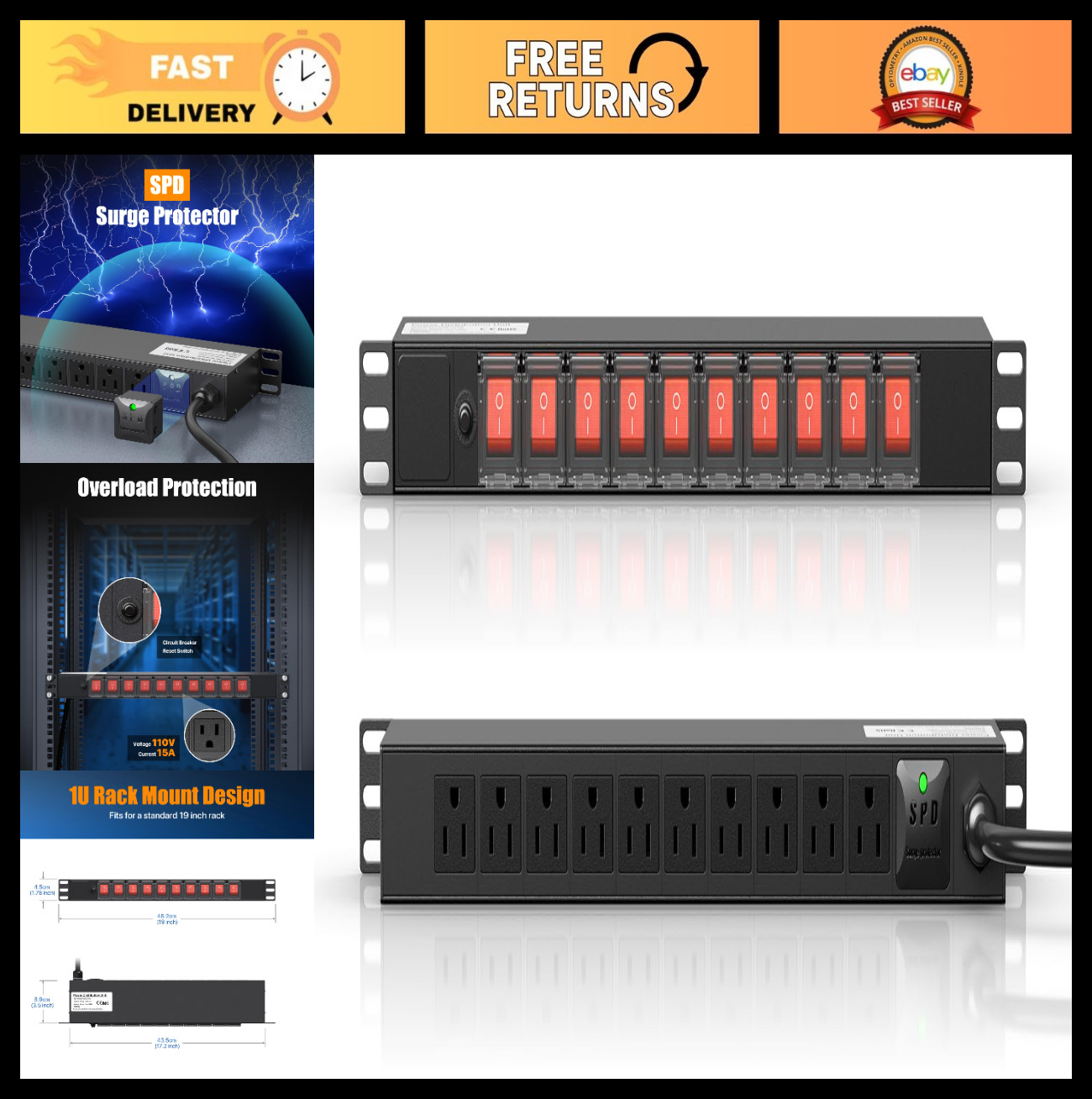 10 Outlet Rack Mount Power Strip - 1U PDU with Individual Switch & Surge Protect