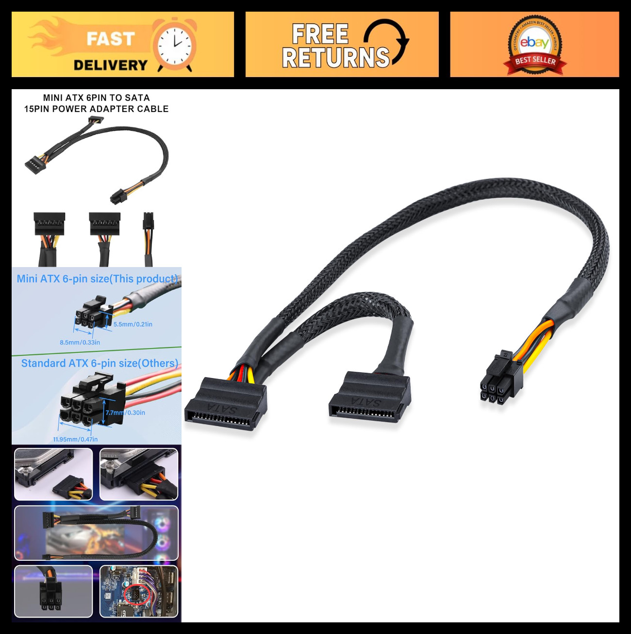 Mini ATX 6-Pin to SATA 15-Pin Adapter Cable for HDD/SSD/Optical Drive - 60cm