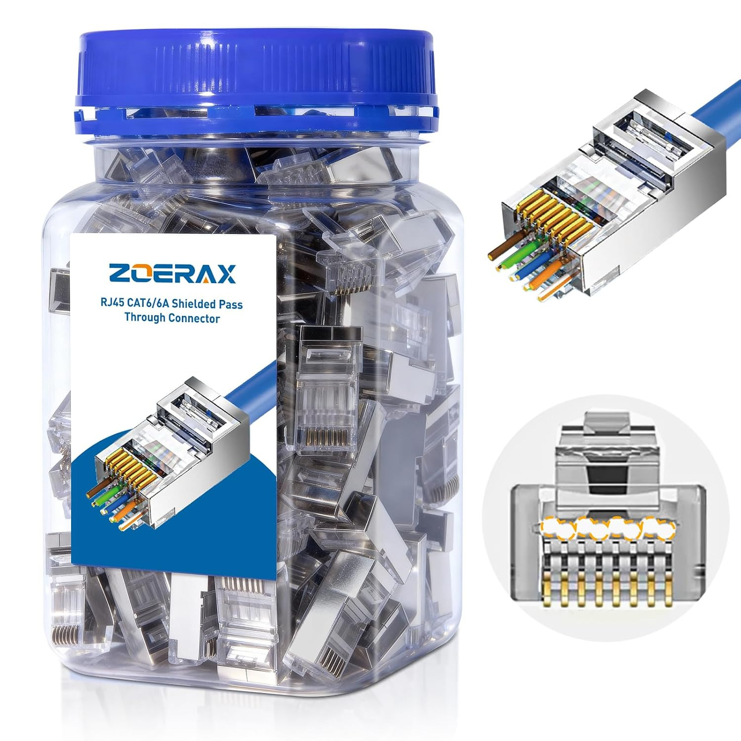 100-Pack Cat 6A RJ45 Pass through Connector, Cat 6 RJ45 Connector Wire OD 1.20Mm