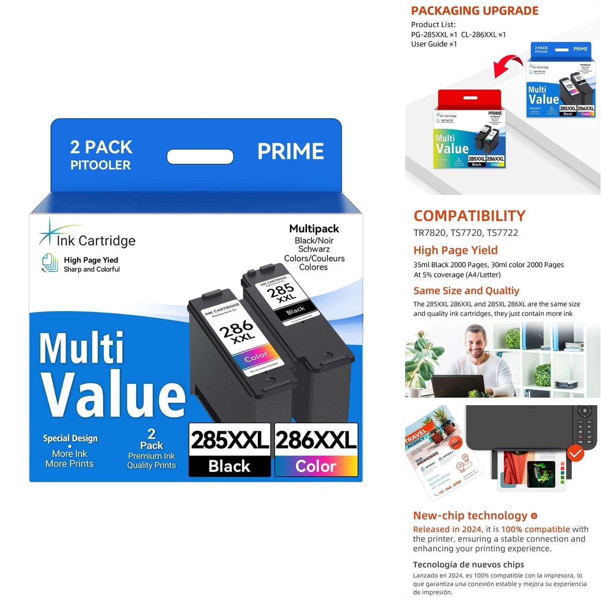Pitooler PG-285XXL CL-286XXL Ink Cartridges for Canon Pixma TR7820 TS7720 TS7722