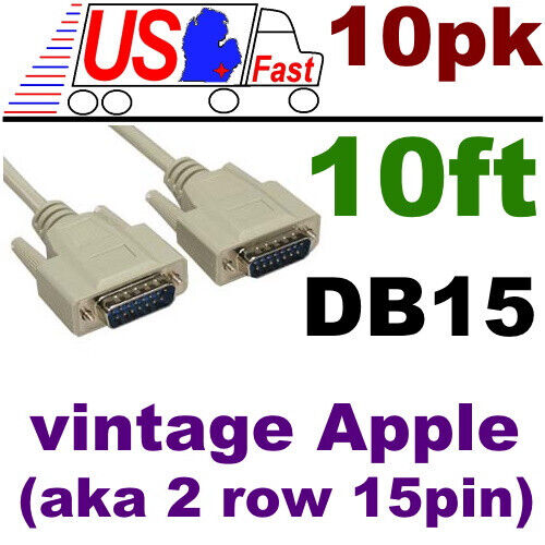 Lot10pk 10ft vintage/old APPLE/MAC DB15 pin monitor/video Male~M Cable/Cord/Wire