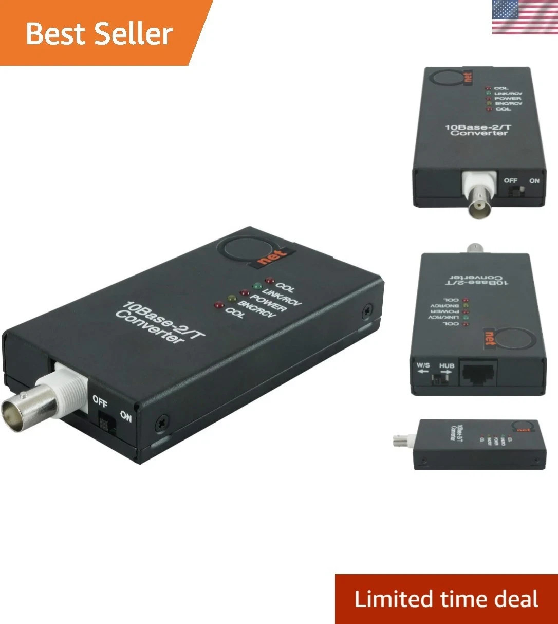 10BaseT RJ45 UTP to 10Base2 Thinnet Coax BNC Media Converter | Ethernet Adapt...