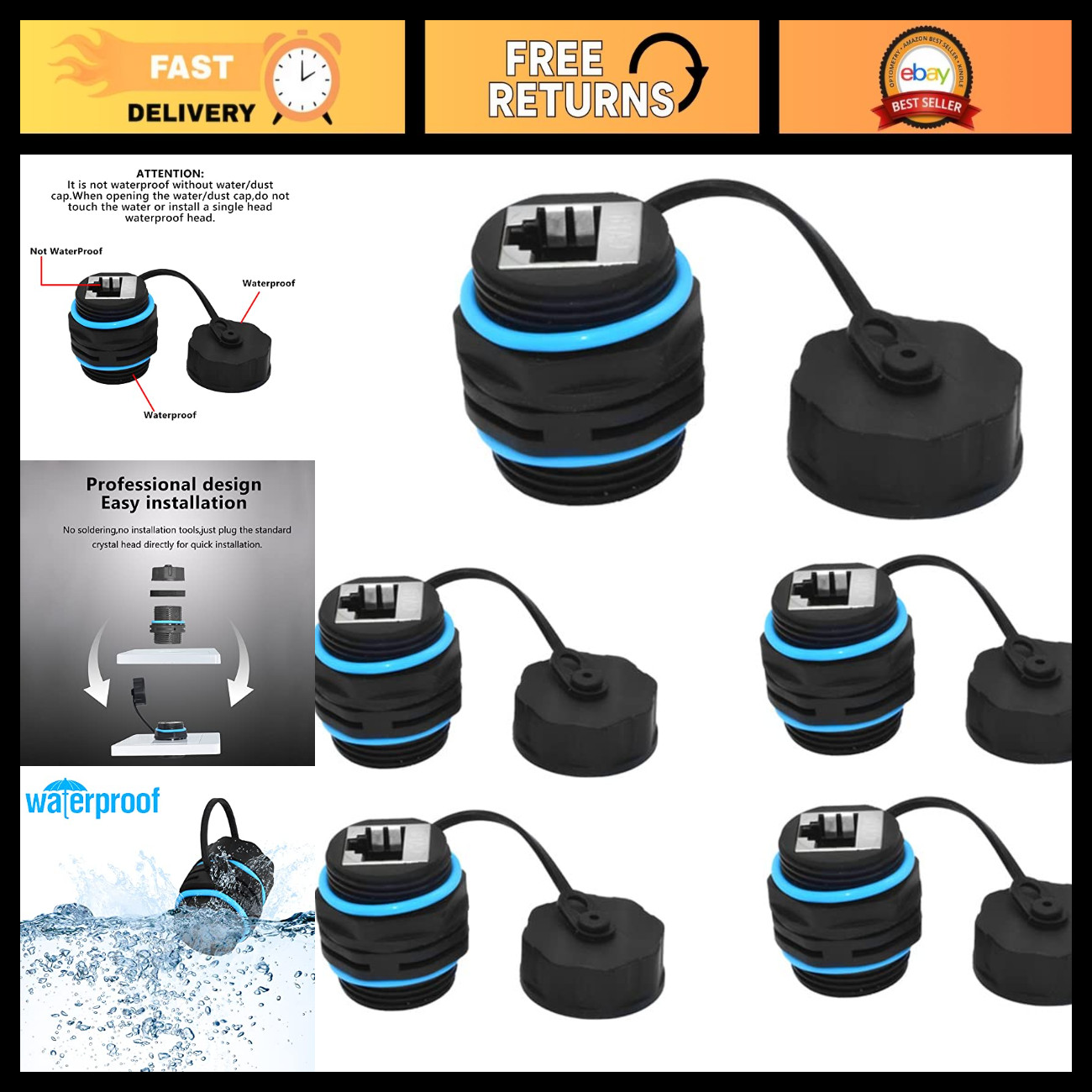 5PCS Waterproof RJ45 Connector IP68 Shielded Cat5/5e/6 Ethernet Coupler Adapter