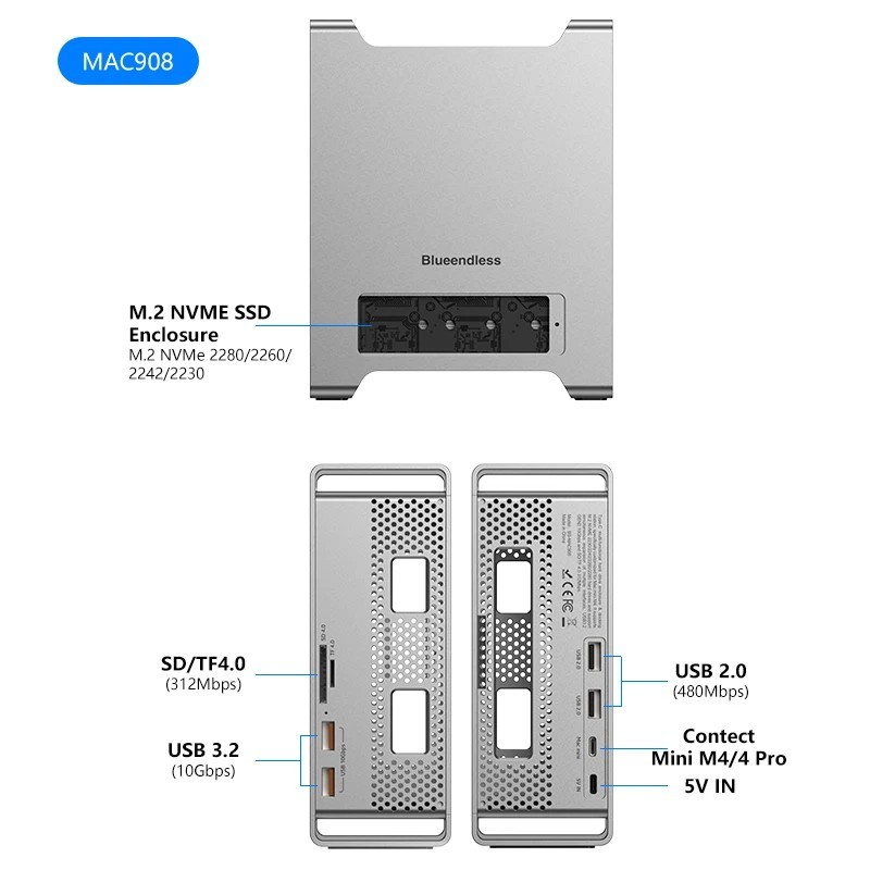 Blueendless SSD docking For 2024 MAC Mini M4/m4 Pro Stand with M.2 NVMe SSD T
