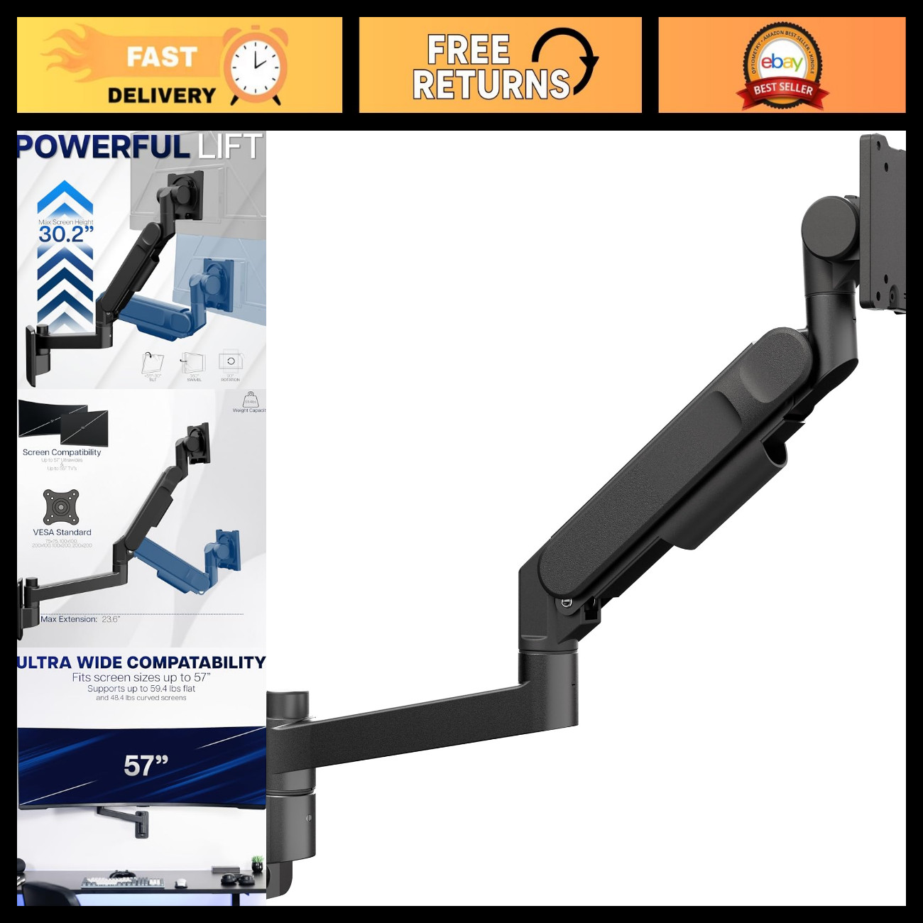 Ultrawide Monitor Wall Mount for 57" Screens - Adjustable, Heavy-Duty, VESA Comp