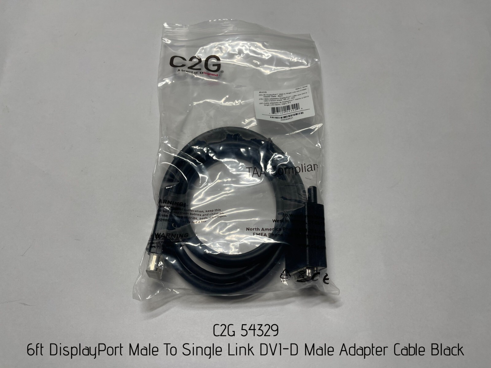 C2G 6ft DisplayPort Male To Single Link DVI-D Male Adapter Cable Black, 54329