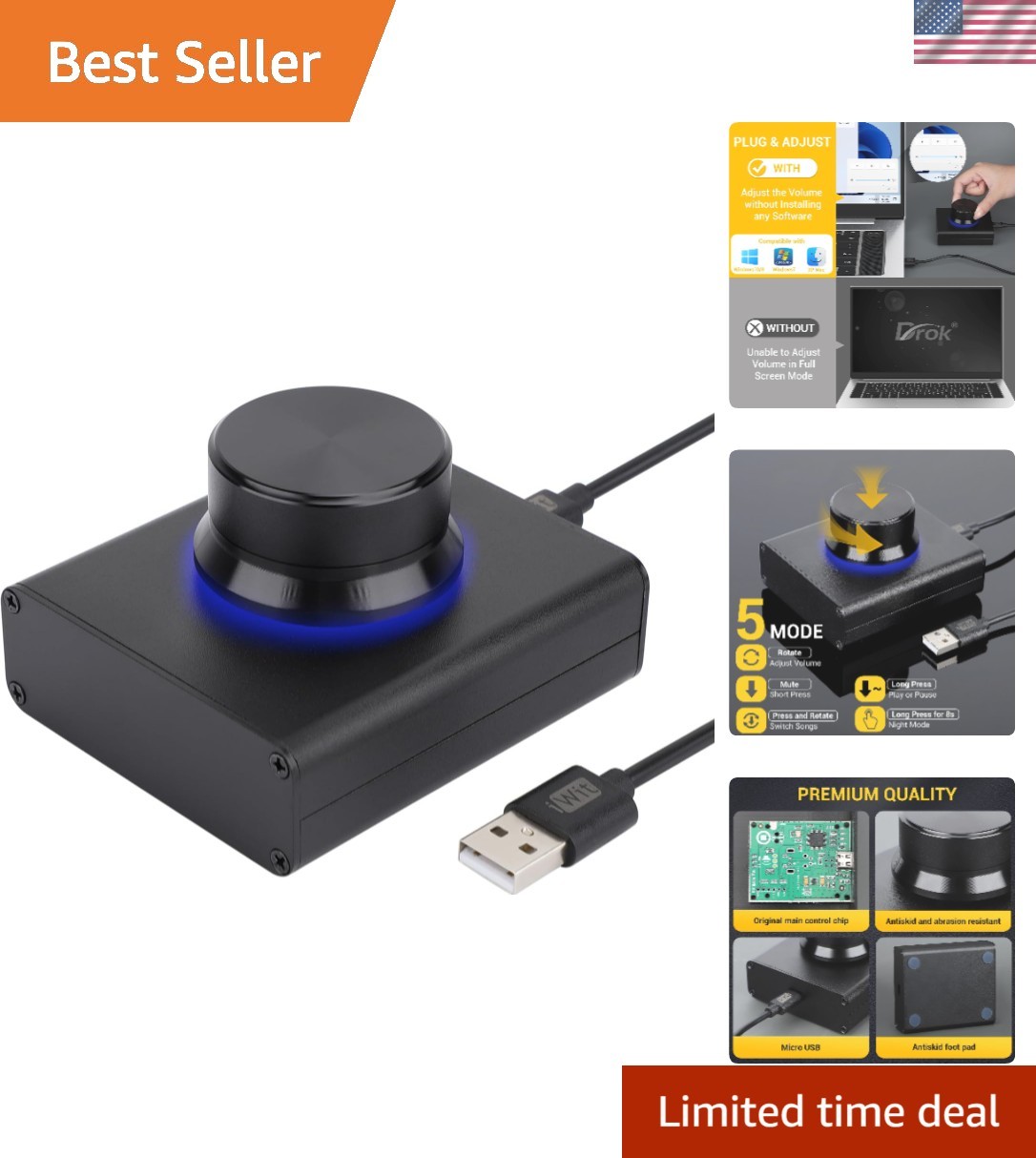 USB Volume Knob, Big PC Computer Speaker Volume Control Audio External USB Vo...