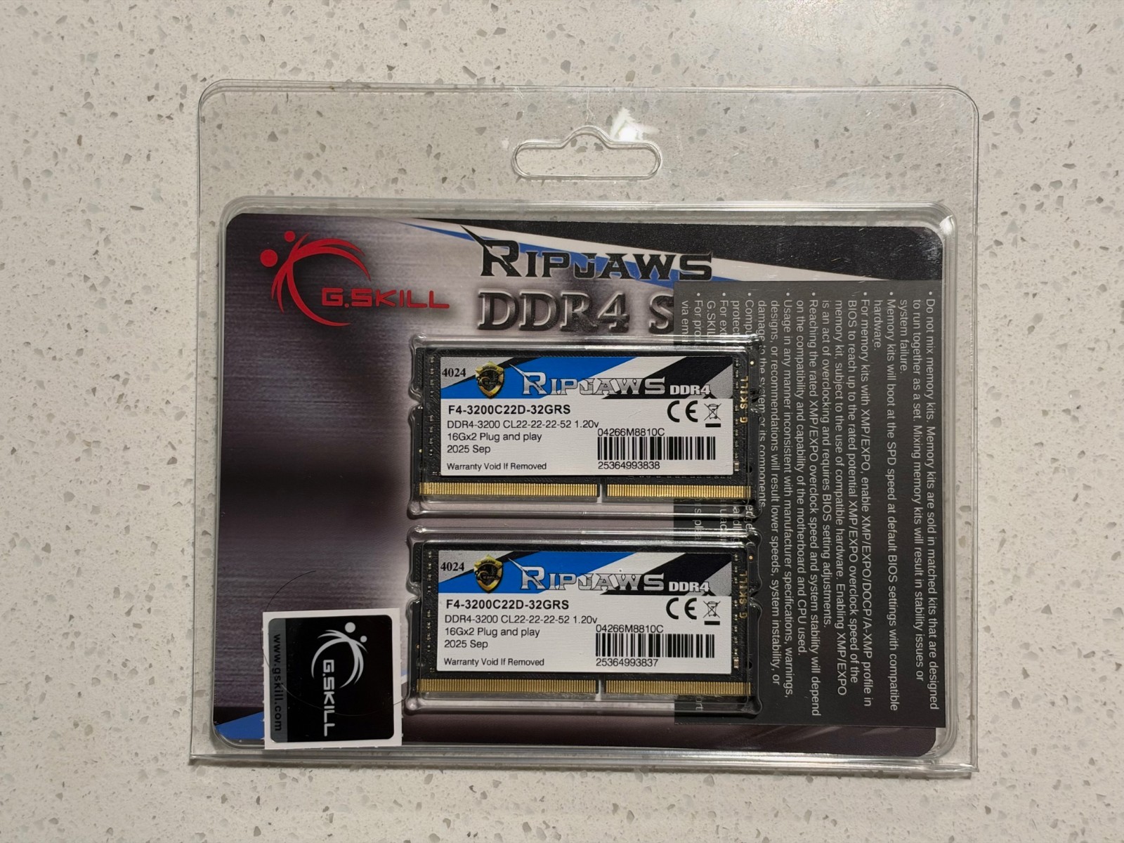 G.SKILL Ripjaws 32GB (2x16GB) DDR4-3200 PC4-25600 SO-DIMM 260P