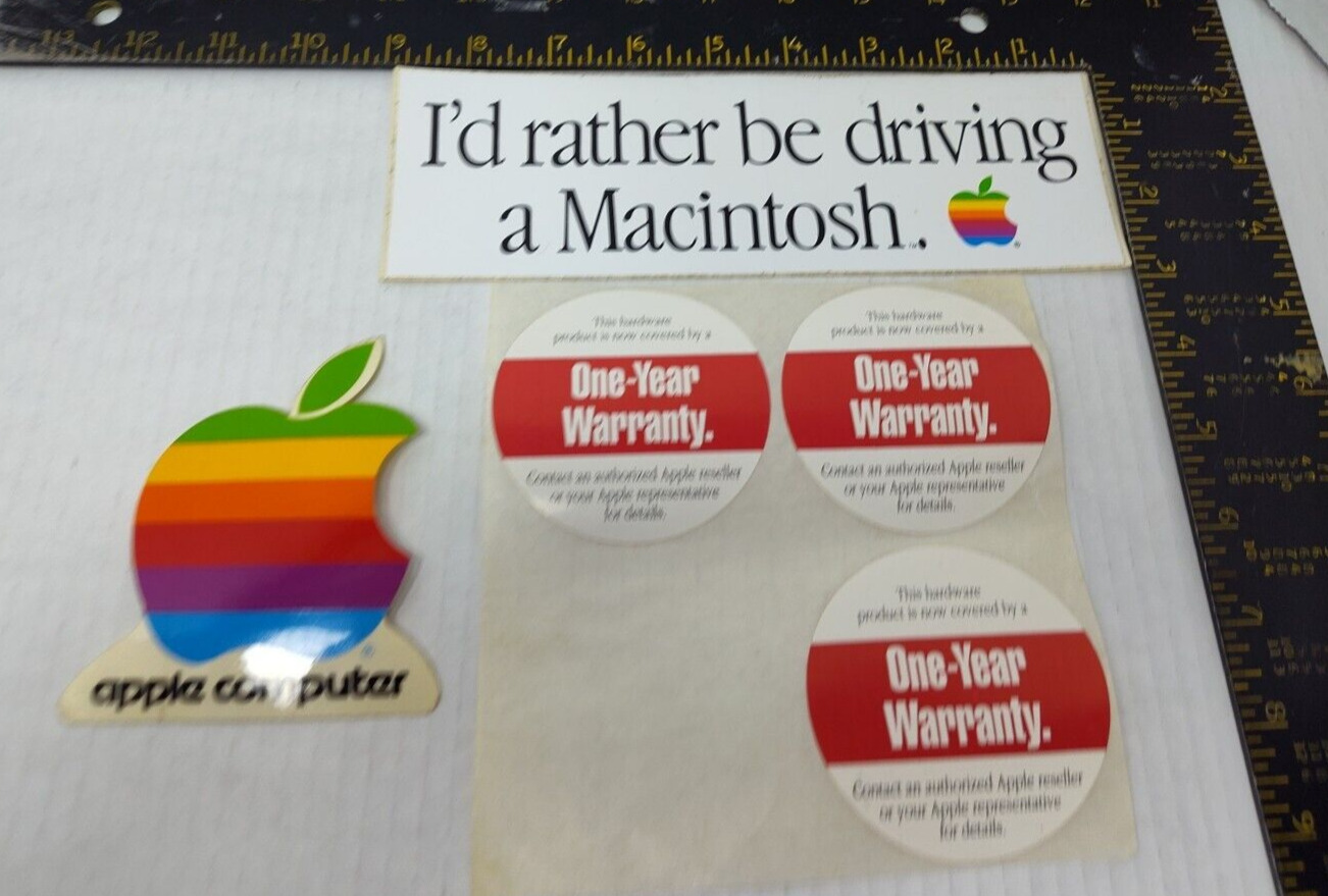 APPLE COMPUTER I\'d Rather Be Driving a Macintosh 1984 + Logo & Warranty Stickers