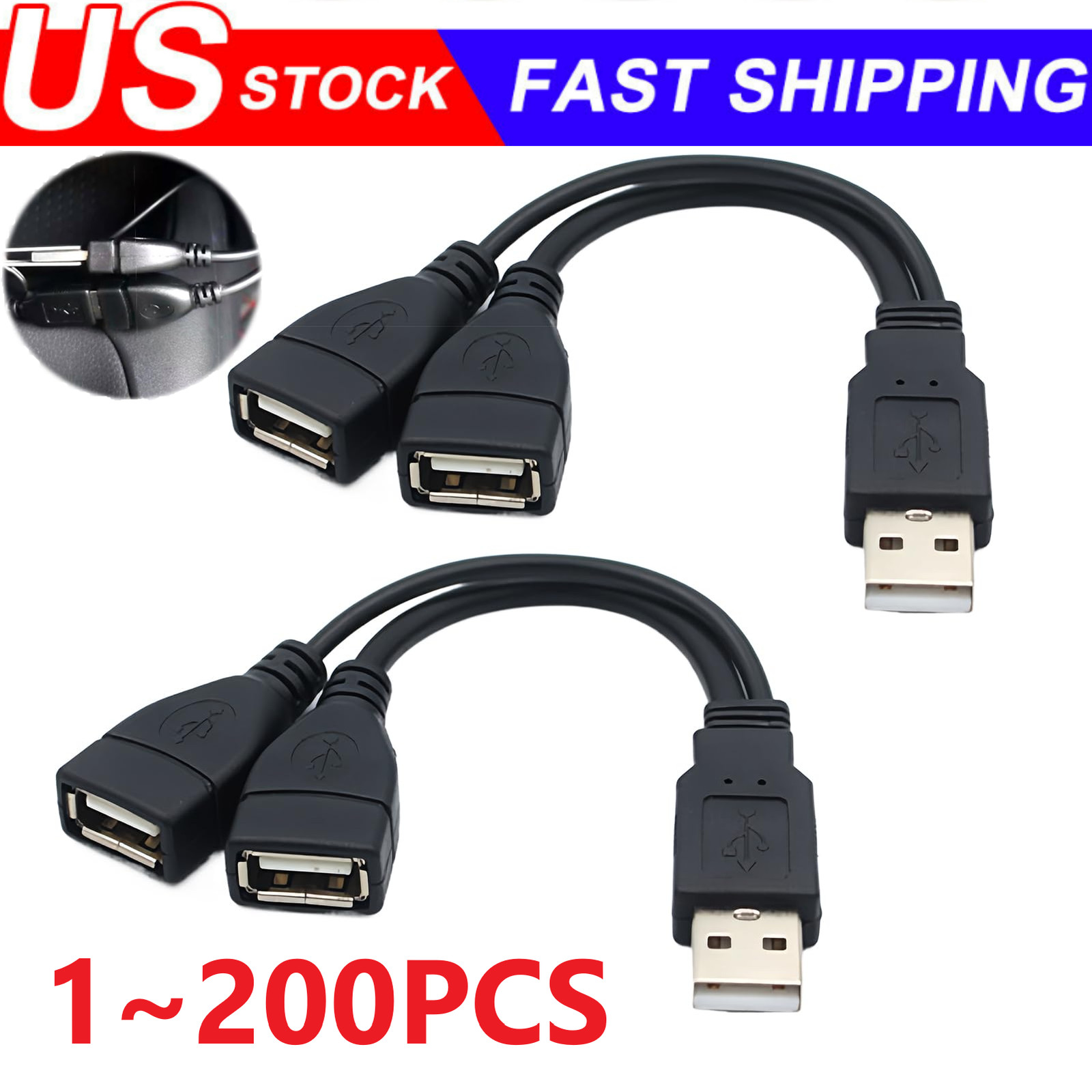 USB 2.0 A Male To 2 Dual USB Female Jack Y Splitter Hub Power Adapter Cable Lot