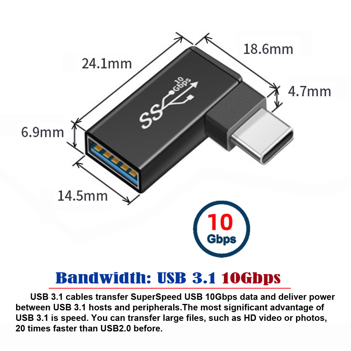 CABLECY USB-C Type-C to USB 3.0 Female OTG Adapter Right Angled 90 Degree