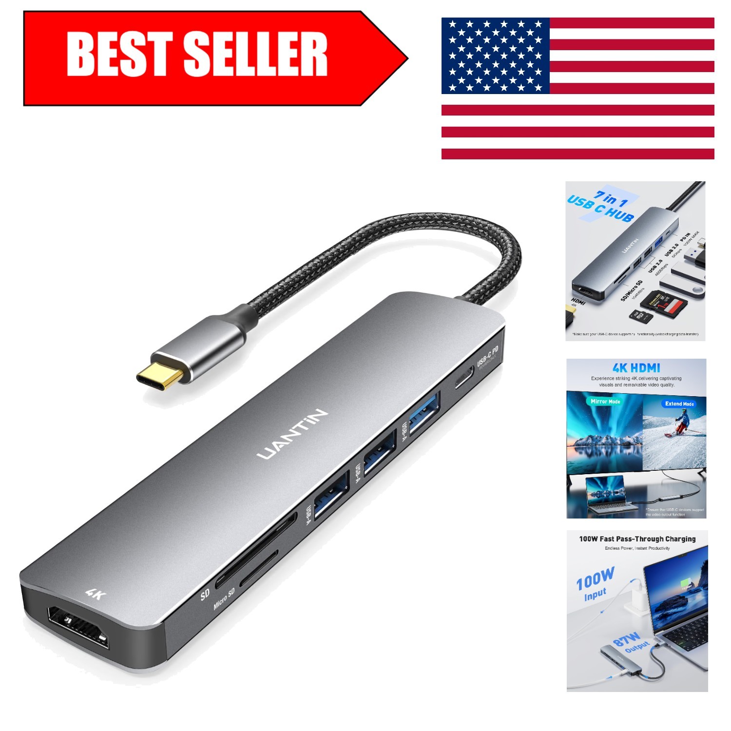 Compact USB-C 7-in-1 Hub: Fast Charging & 4K Video Output for Professionals