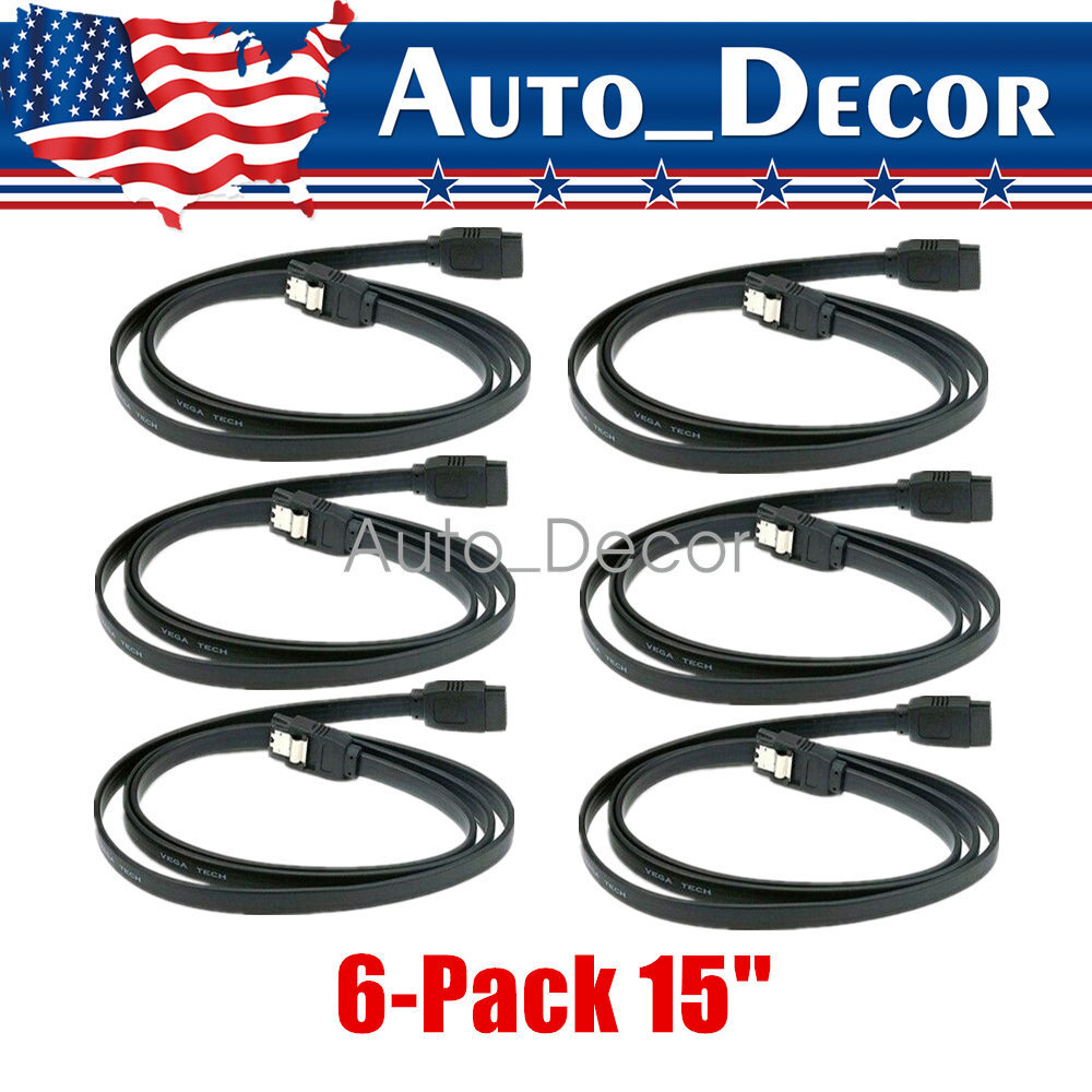 6-Pack 15'' SATA III Cables Straight to Straight Angle SSD HDD Hard Drive Black