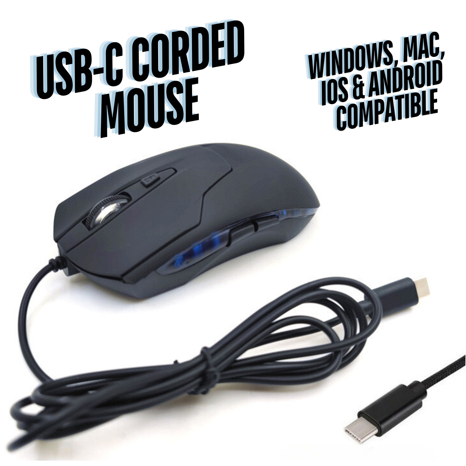 Wired USB-C 6-Button Quiet Mouse, 4-DPI Speeds, Ergonomic LED Backlight - Mac/PC