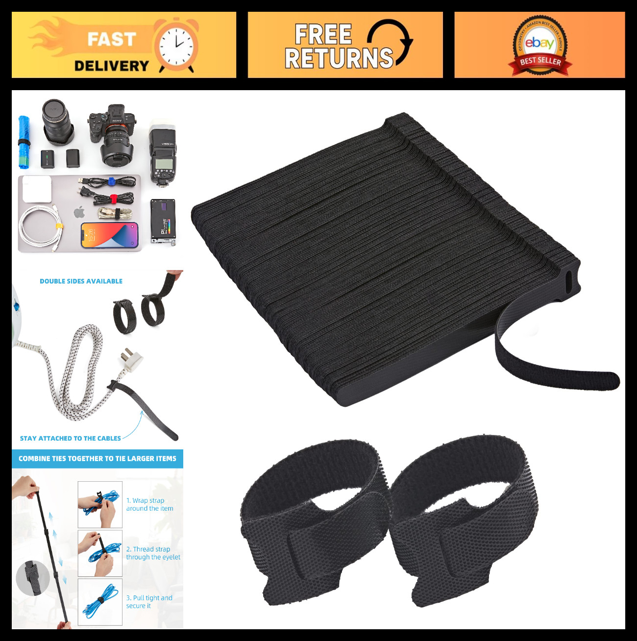 150 PCS Adjustable Hook & Loop Cable Ties - 8 Inch Multi-Purpose Wire Organizers
