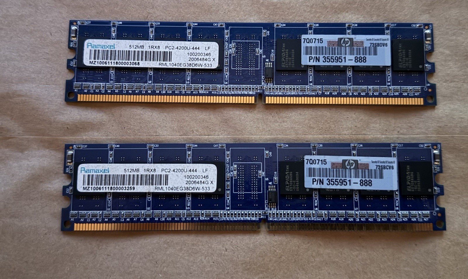 Lot Of 2 Ramaxel 512MB 1Rx8 PC2-4200U-444 DDR2 RAM
