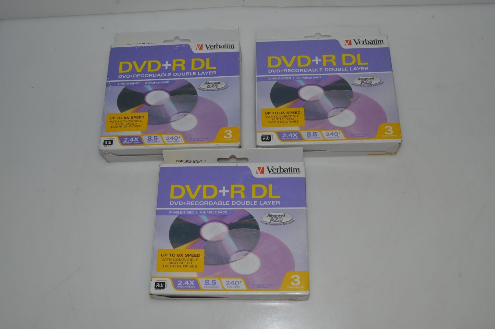 ^^ VERBATIM DVD+R DL 2.4X/8.5 GB/ 240 MIN VIDEO 3PACK --- LOT OF 3 -NEW (GCV48)
