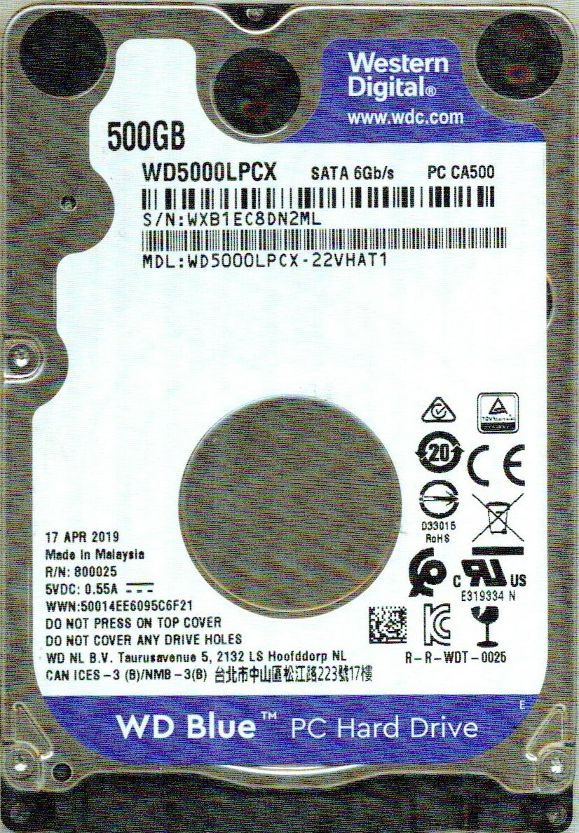 WD5000LPCX-22VHAT1,  WESTERN DIGITAL SATA 500GB WXB1 APR 2019