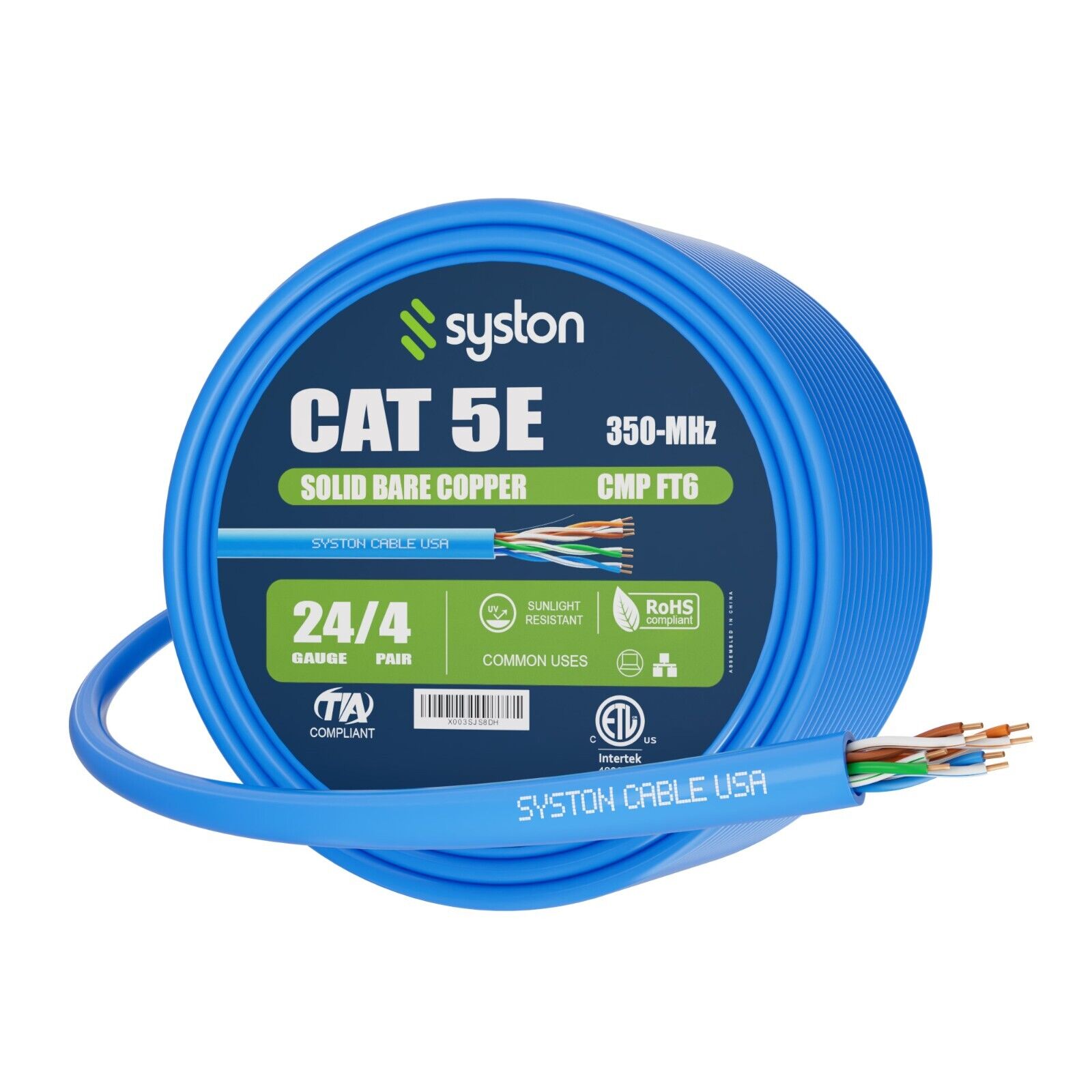 Syston Cat 5e Ethernet Network Cable 350MHz 24AWG UTP Solid Copper Wire-CMP Bulk