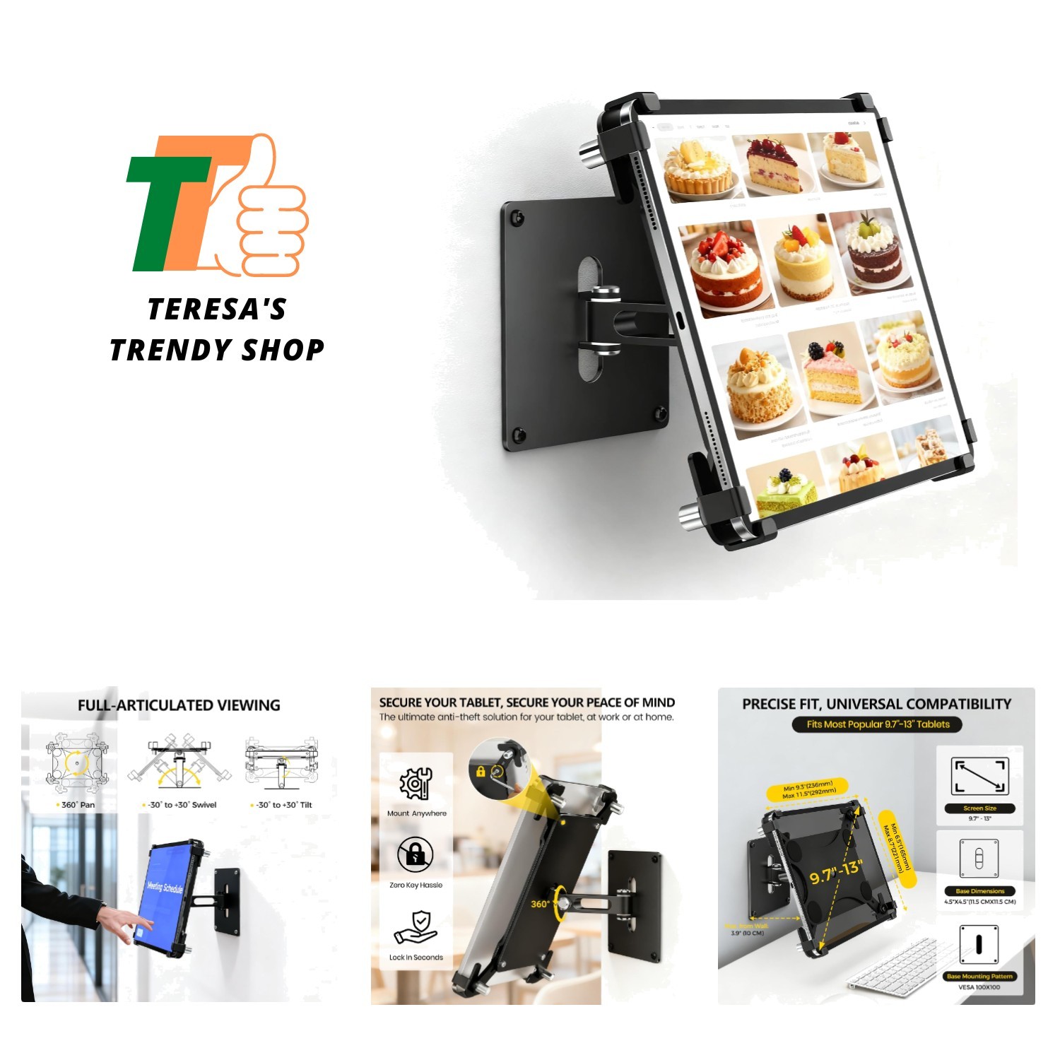 Stable 360° Adjustable Tablet Wall Mount with Anti-Theft Lock - Ideal for Retail