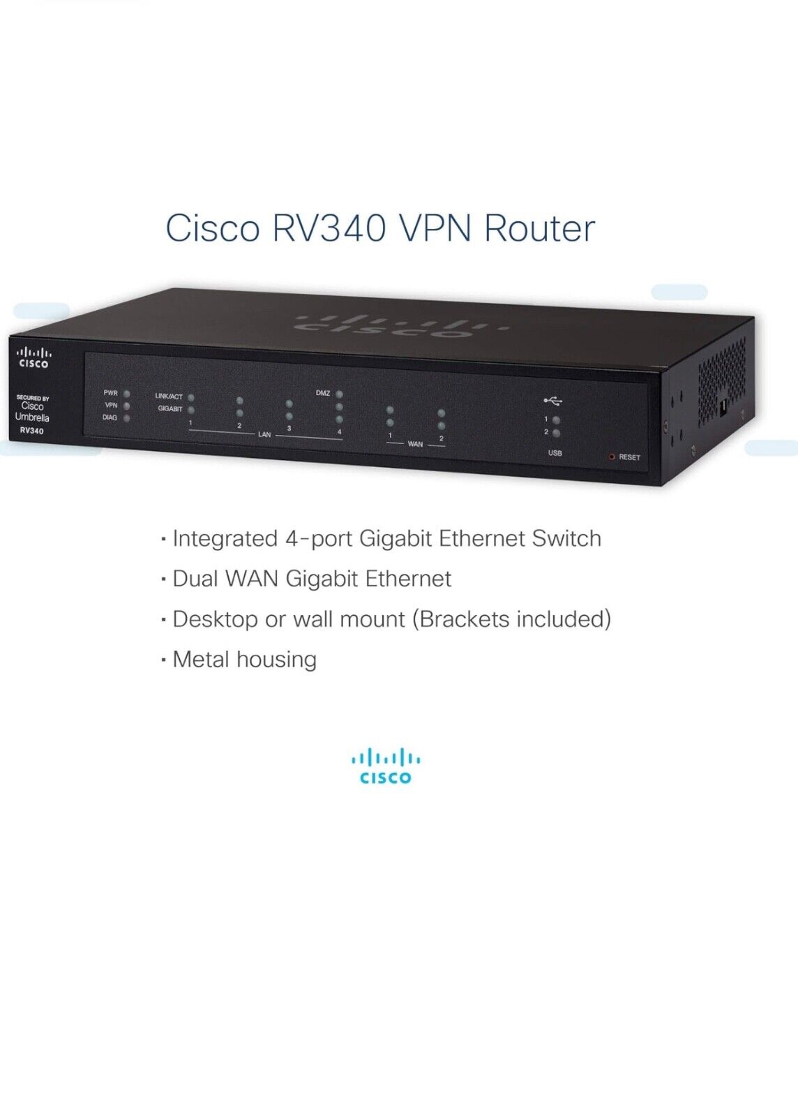 Cisco RV340-K9-G5 4-Ports Dual WAN Gigabit VPN Router