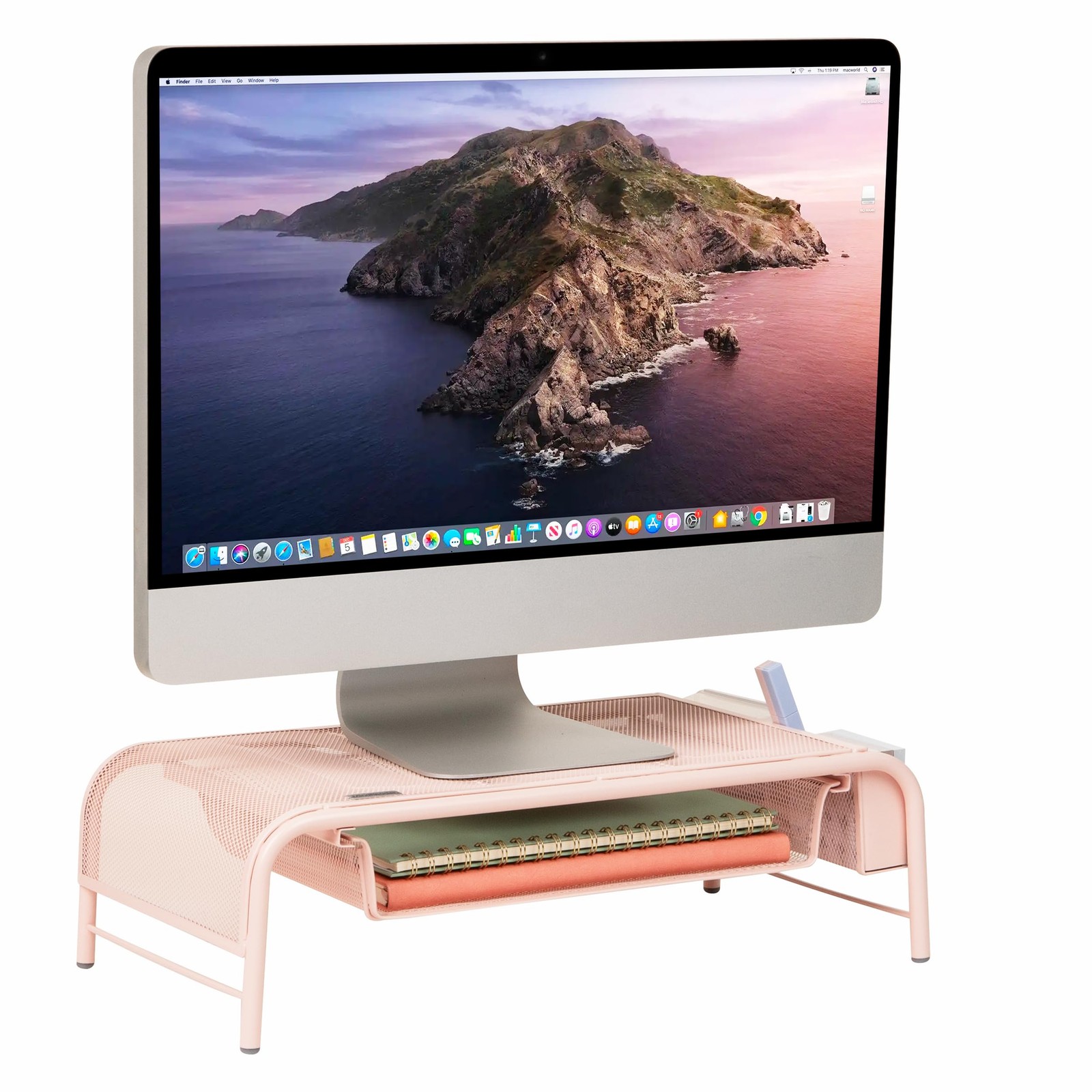 Monitor Stand, Ventilated Laptop Riser, Paper Tray, Storage, Office, Metal Me...