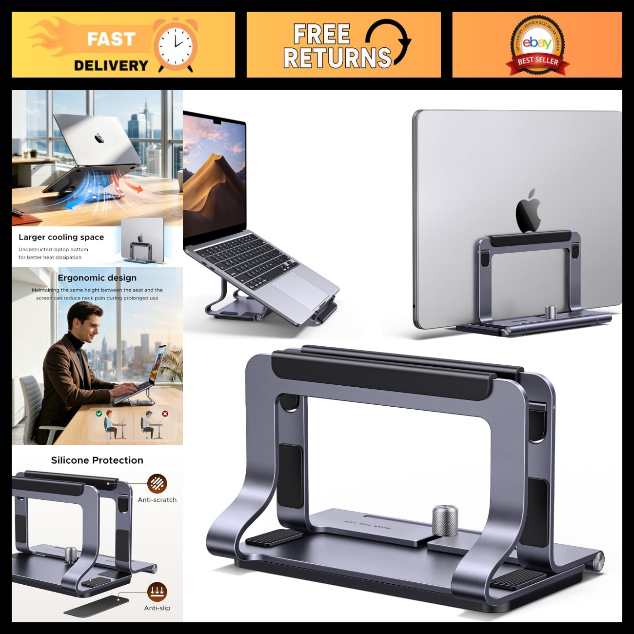 2-in-1 Laptop Stand for Desk, Adjustable Horizontal & Vertical Holder, Ergonomic