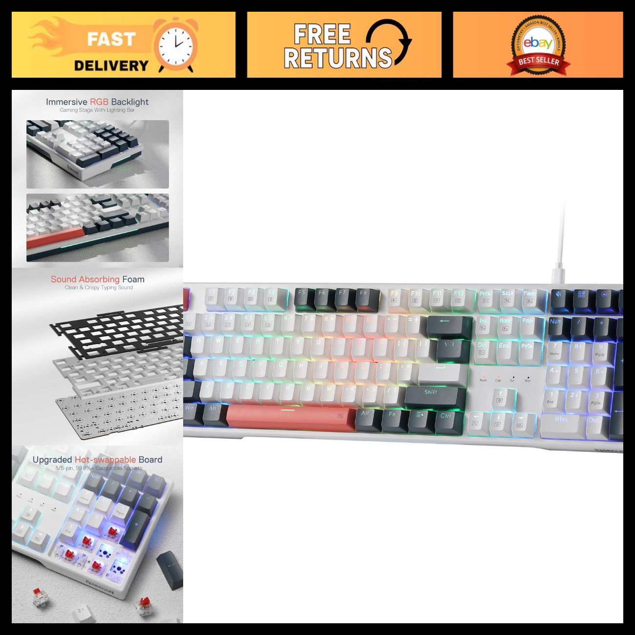 Hot-Swap RGB Gaming Keyboard, 108-Key Wired Mechanical, Extra 4 Hotkeys, Backlit