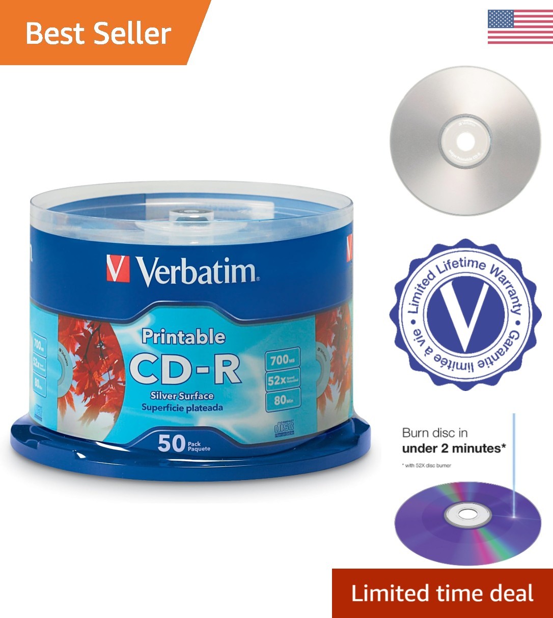 50 Silver Inkjet Printable CD-R Discs - 52X Speed with Superior Archival Quality