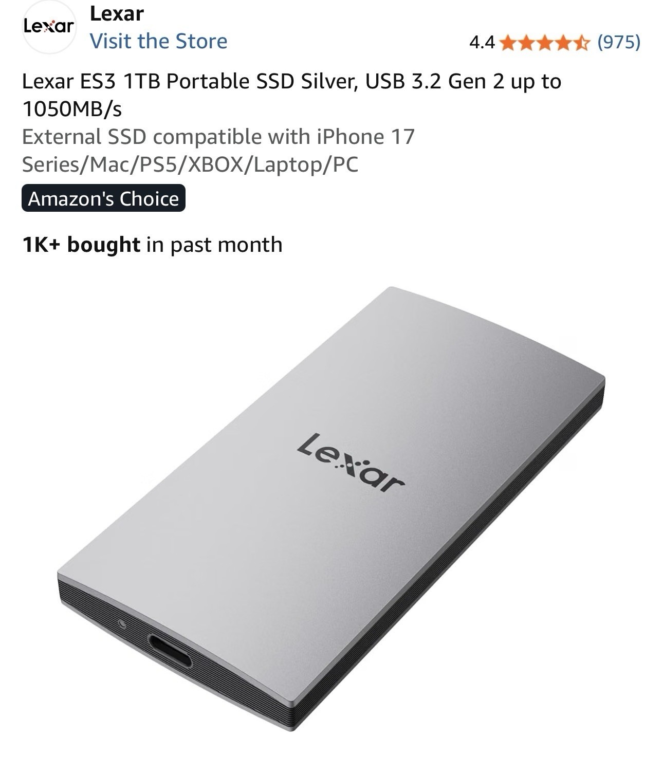 Lexar ES3 1TB Portable SSD Silver, USB 3.2 Gen 2 up to 1050MB/s New