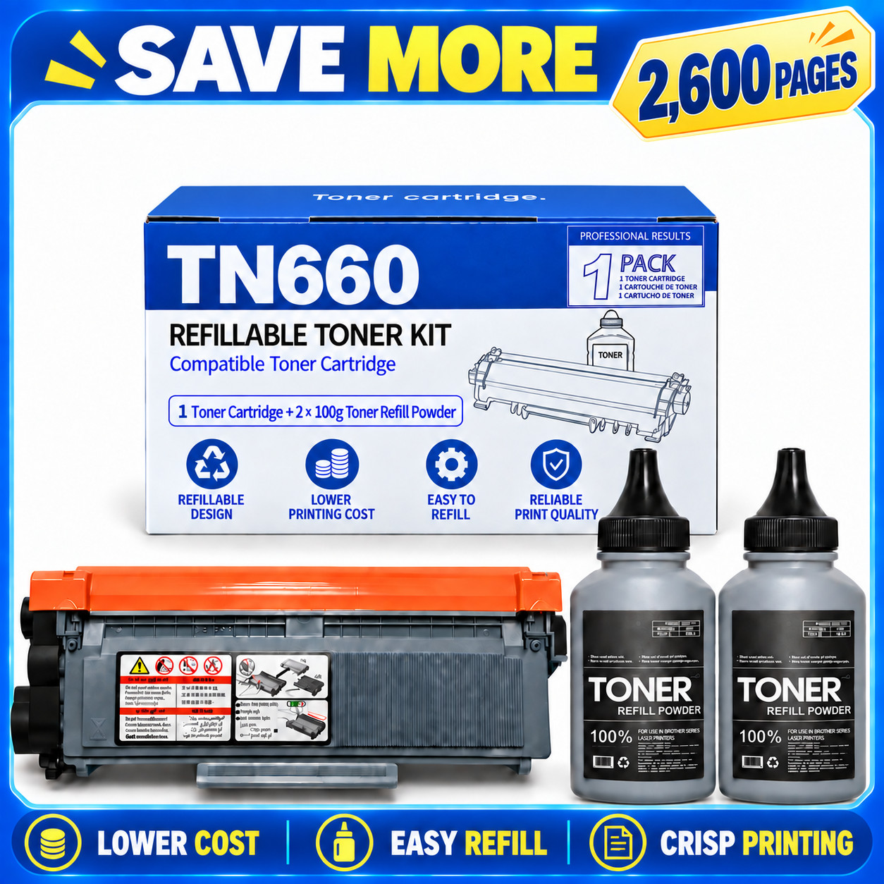 TN660 Toner Cartridges Refillable Compatible for TN-660 MFC-L2700DW DCP-L2540DW