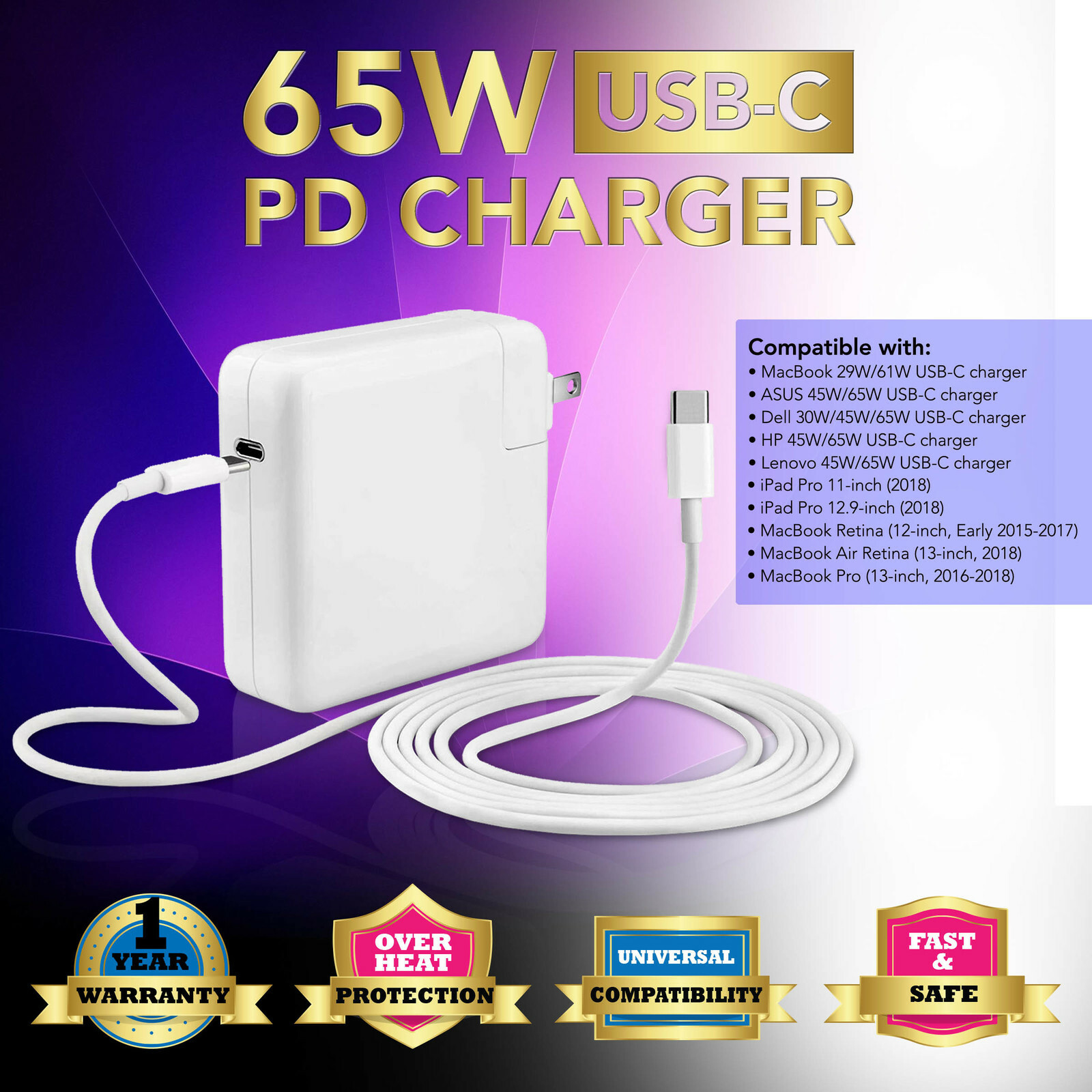 45W USB-C Type-C AC Power Supply Adapter Charger fits Lenovo HP Acer Asus laptop