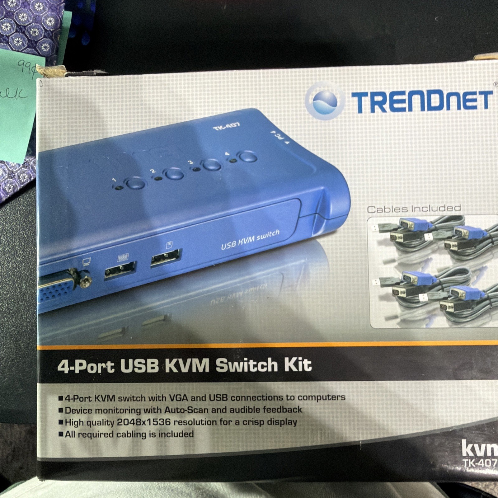 Trendnet TK-407K 4-Port KVM Switch Kit NEW Plug & Play VGA & USB - Only 3 cables