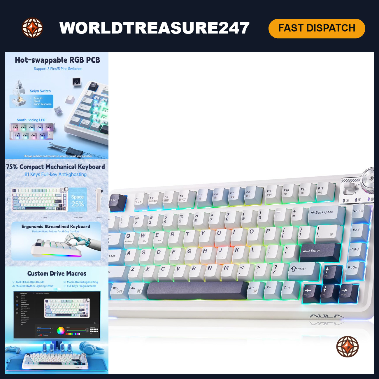 Wireless Mechanical Gaming Keyboard, 75% Hot Swappable, RGB Backlit, Compact Des