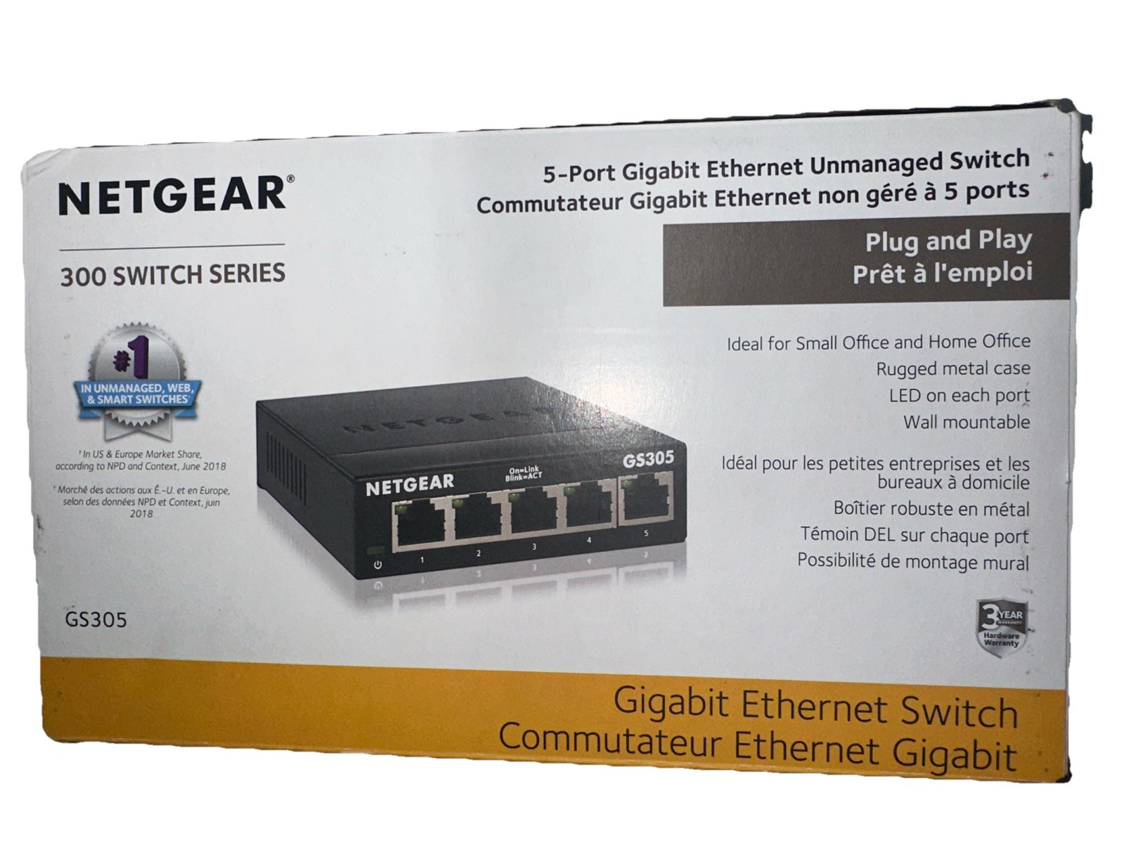 NETGEAR Ethernet Splitter 5-Port Gigabit Unmanaged Home Network Switch (GS305)