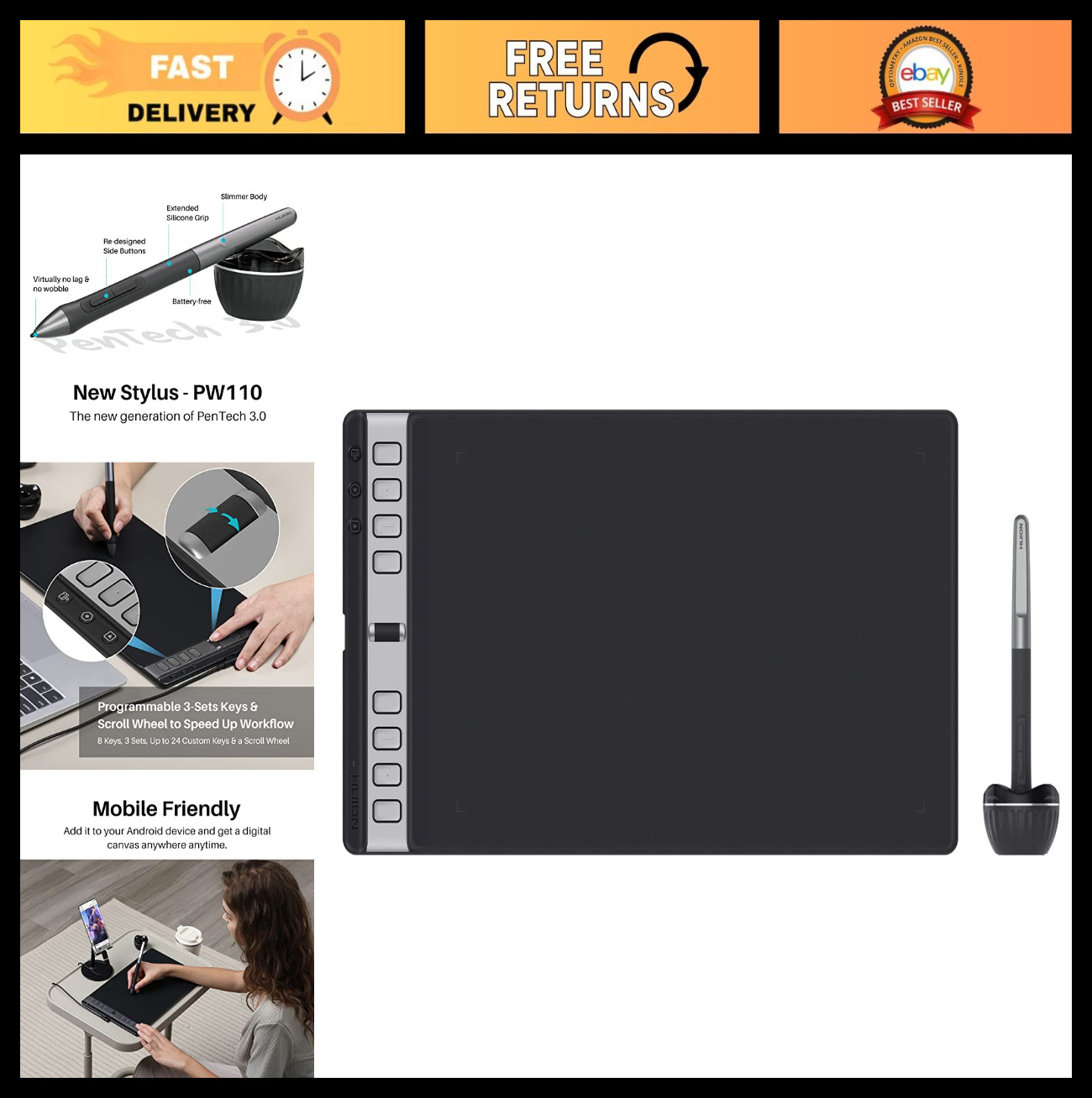 Large 10x6" Drawing Tablet with Scroll Wheel, 8 Custom Keys, Battery-Free Stylus