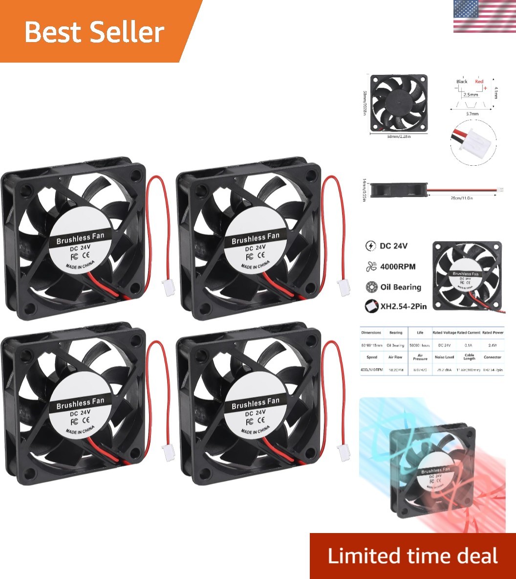 Efficient 4PCS 6015 Cooling Fans - 18.2 CFM, Low Noise 25 dBA, 40000 Hour Life