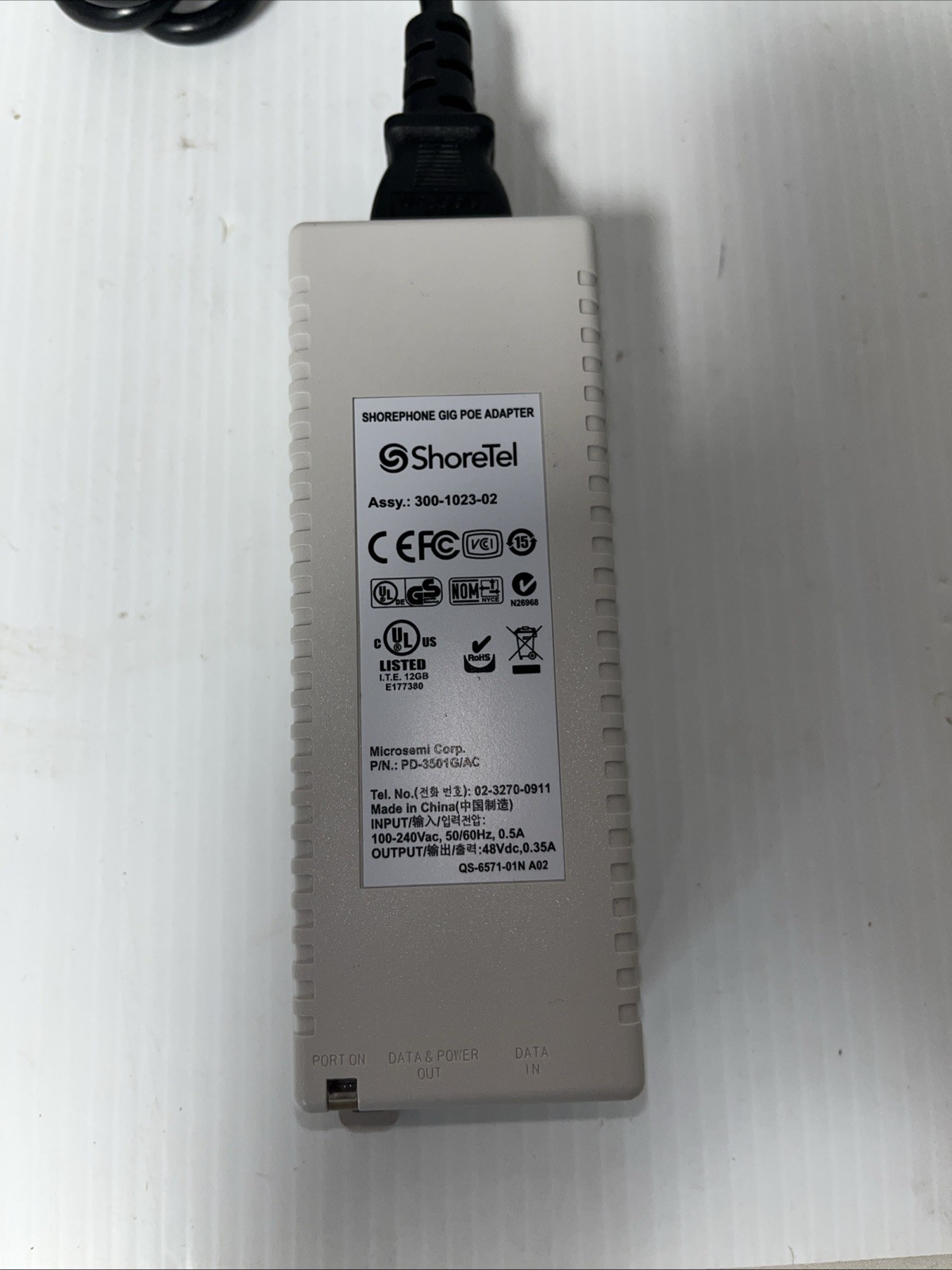 MICROSEMI PD-3501G/AC 48v .35a POE Injector with power cord