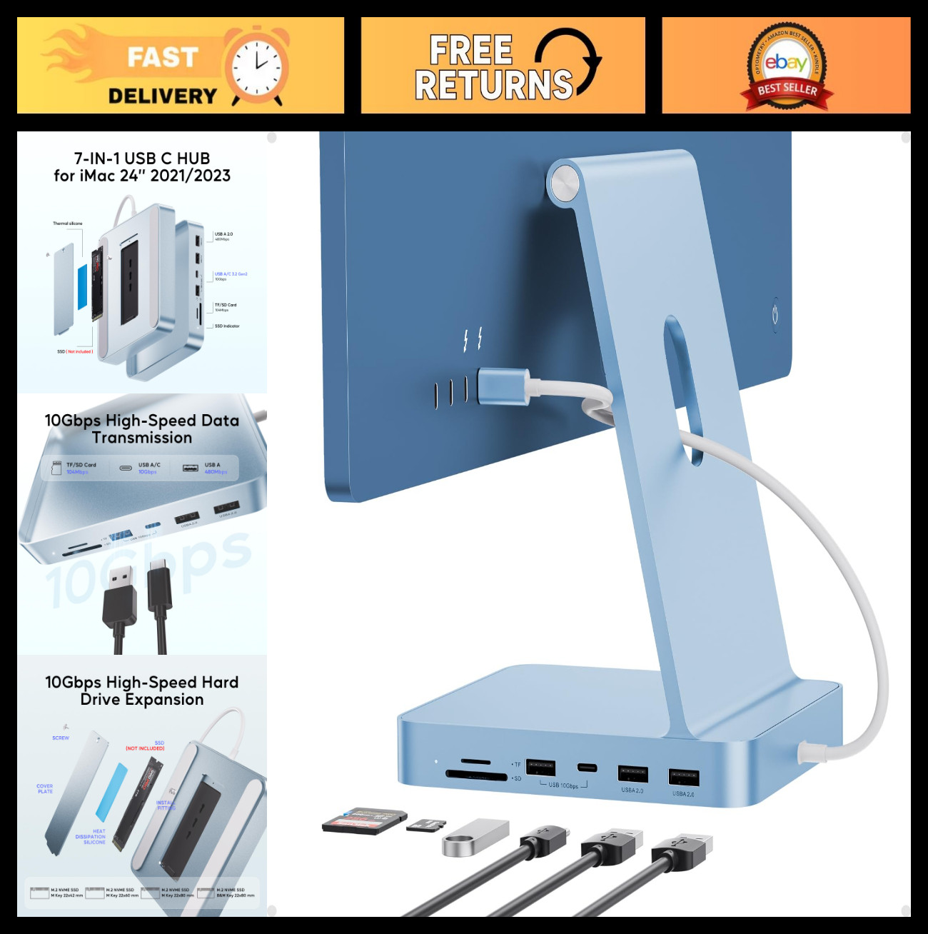 USB C Hub Adapter for iMac 24" 2021/2023/2024, 10Gbps USB Hub with SD/TF Slots,