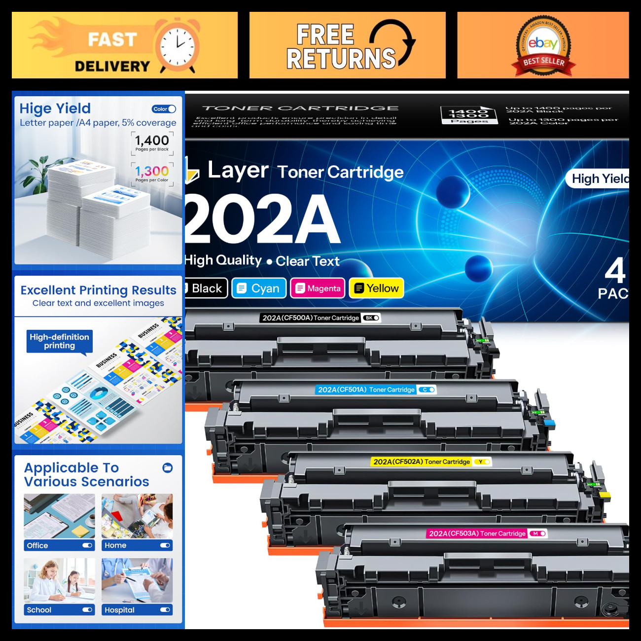 Compatible Toner Cartridge 4 Pack for HP 202A - Black, Cyan, Yellow, Magenta - M