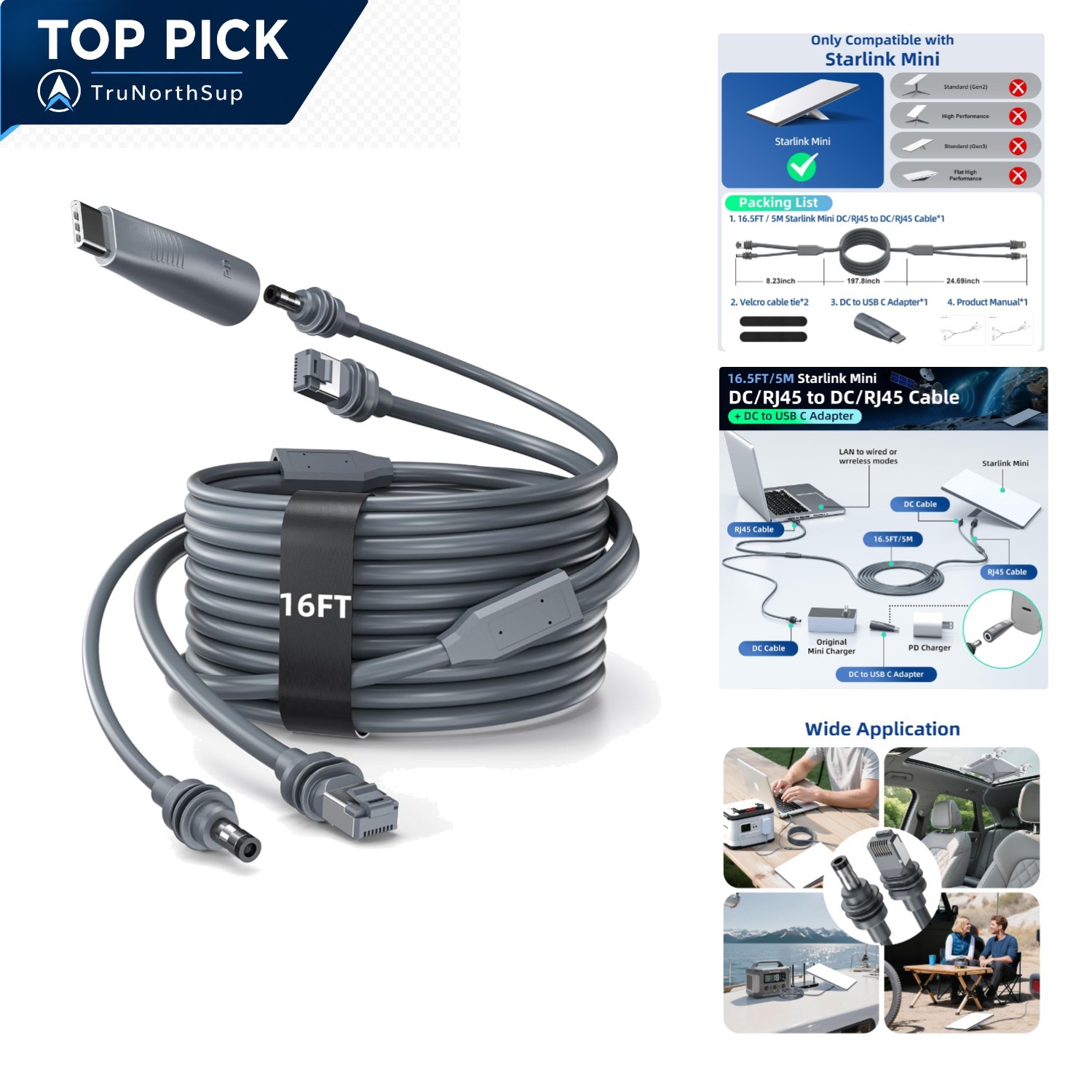 Starlink Mini Ethernet Cable 16.4ft 3-in-1 Waterproof Power & Data Cord