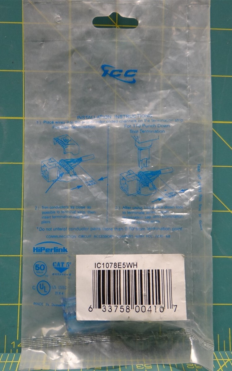 ICC IC1078E5WH Category 5E Modular 8 Conductor Connector ICC-CAT5JACK-WH
