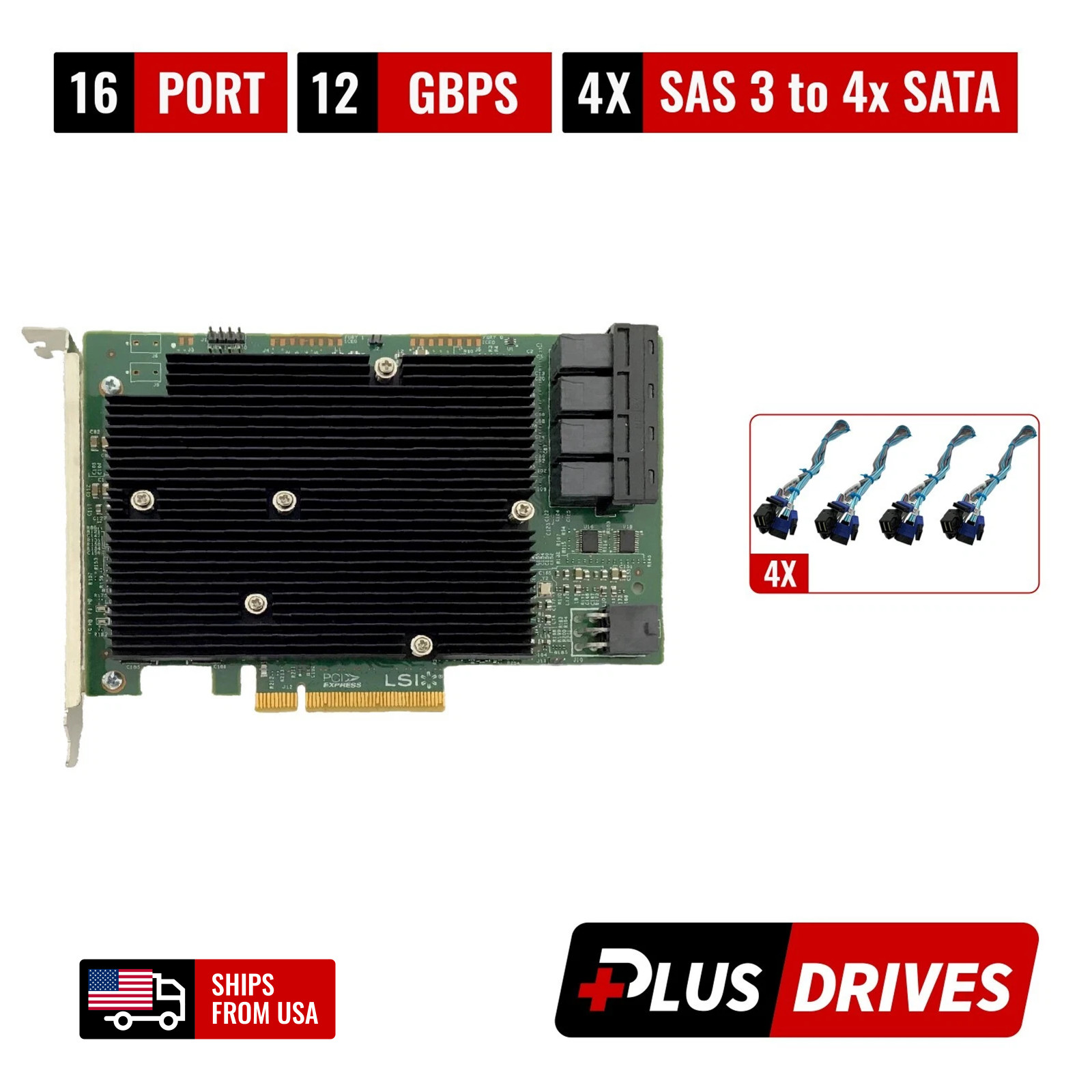 LSI 9300-16i 16 Port 12Gbps SAS 3 HBA ZFS IT-Mode w/ 4x SAS 3 to 4x SATA Cable