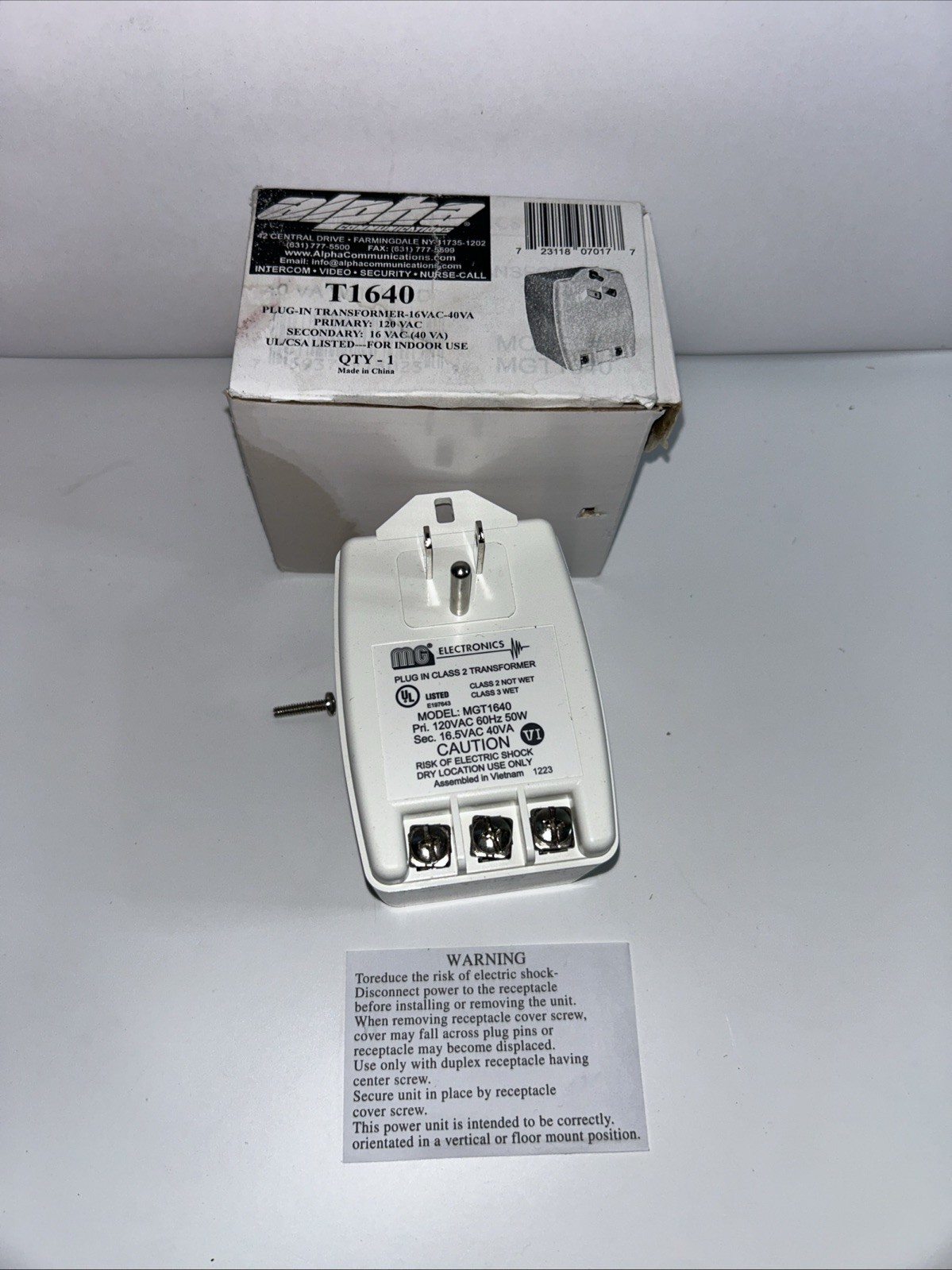 MG Electronics Plug In 16.5VAC Class 2 Transformer MGT1640P 40 VA  - NEW