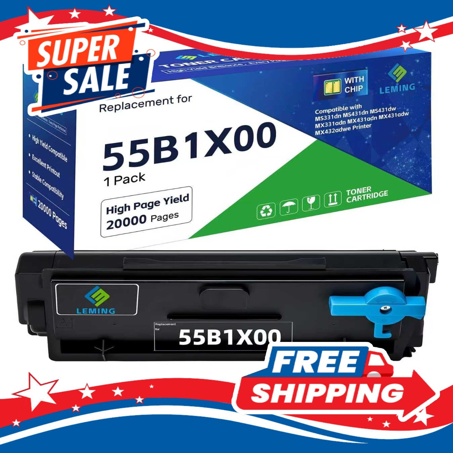 55B1X00 Toner Cartridge Replacement High Yield 20000 Pages MS331 MS431 MX431 DN